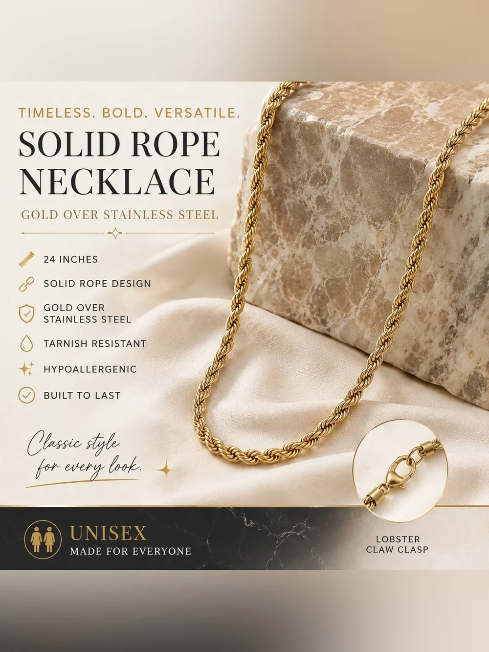 Gold Solid Rope Necklace - 24